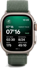 Apple Watch Ultra showing a Wahoo running workout with pace and interval metrics