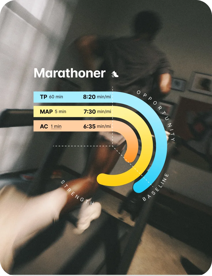 Athlete running on a treadmill with a digital overlay showing marathoner pacing and training metrics