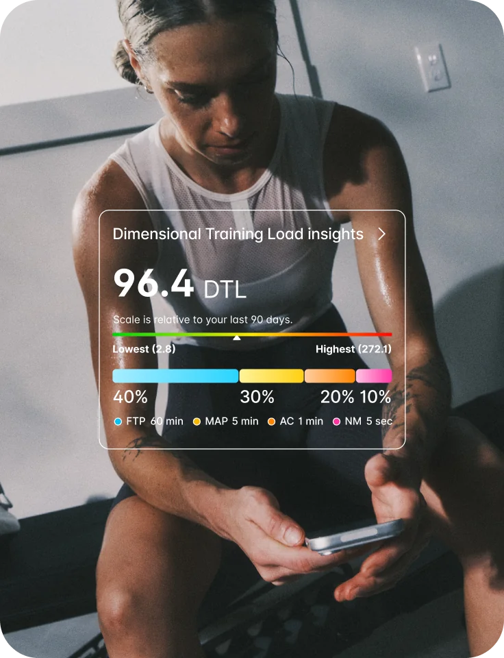 Cyclist checking their smartphone displaying a Dimensional Training Load insights overlay