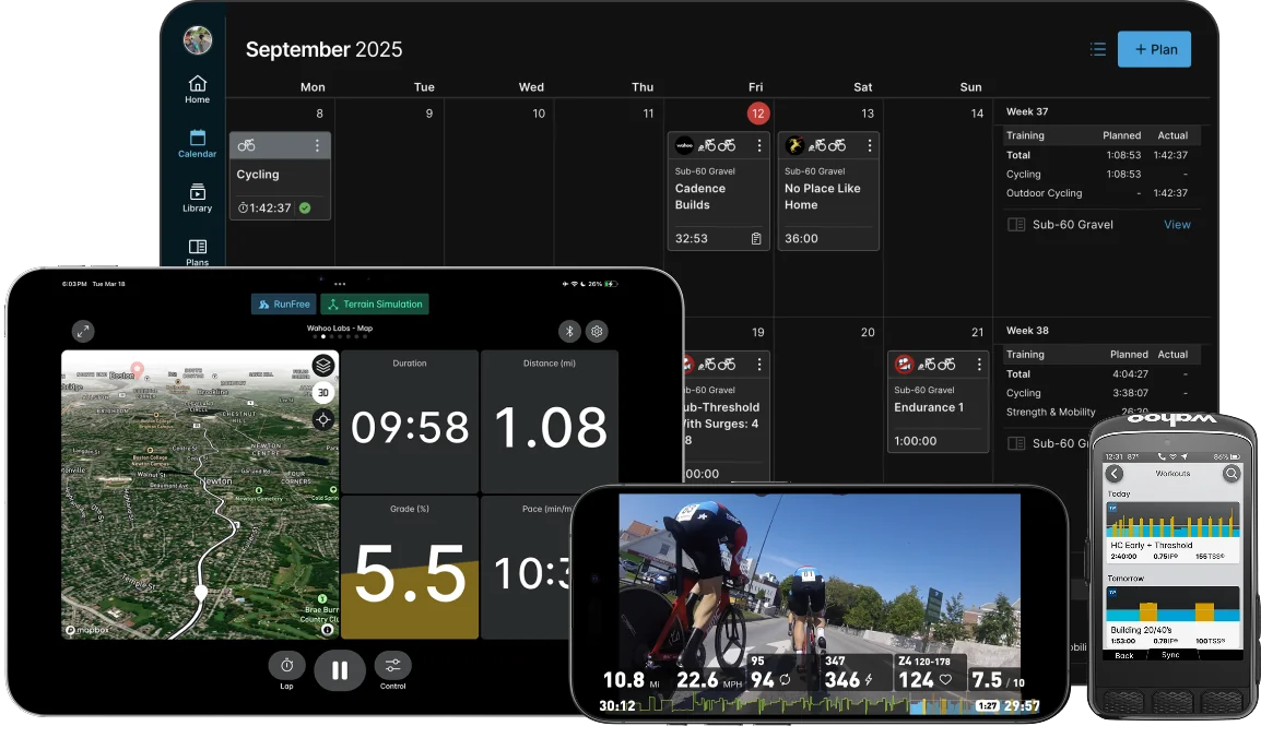 The Wahoo App ecosystem displayed simultaneously across a laptop, tablet, smartphone, and ELEMNT bike computer, demonstrating seamless multi-device syncing